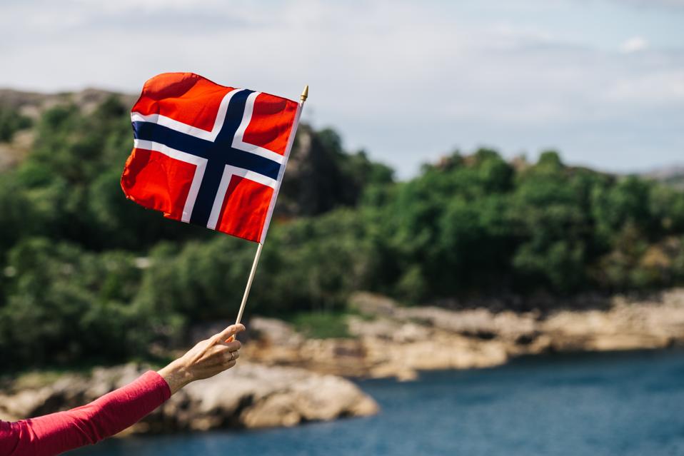 Tourist with Norwegian flag on the sea coast