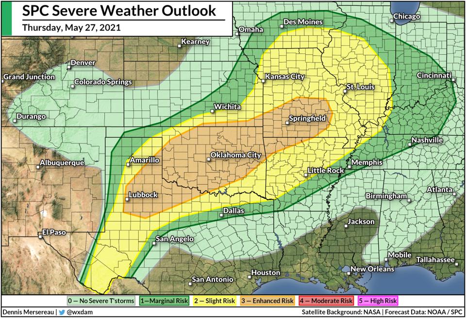The Storm Prediction Center's severe weather outlook for May 27, 2021.