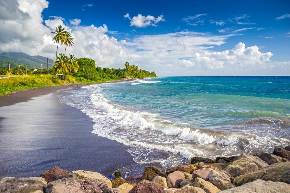 Beach on St. Kitts island with black sand