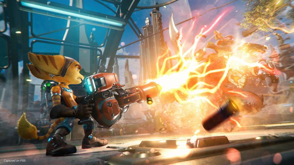 Ratchet blasts some enemies with a laser gun in Ratchet and Clank Rift Apart