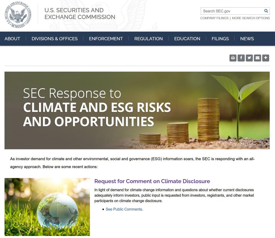Screen shot of SEC website on ESG reporting