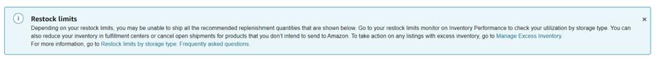 A message on Amazon Seller Central that says a Seller's restock limit has been reached and they will be unable to send in more inventory.