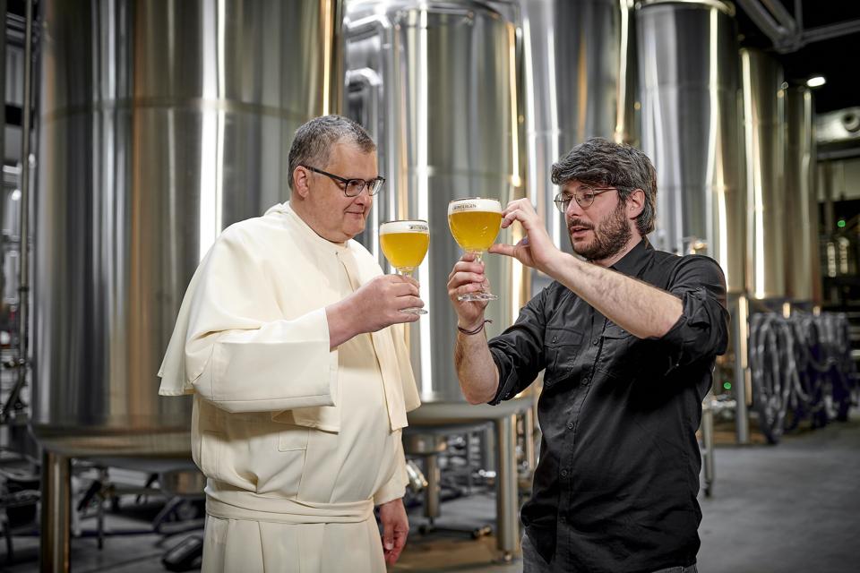 Grimbergen Abbey Brewer Father Karel Stautemas and Master Brewer Marc-Antoine Sochon inside the new Abbey brewhouse.