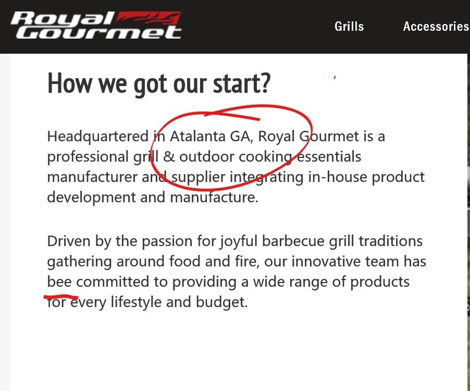 A screen shot of the Royal Gourmet About page shows Atlanta misspelled.