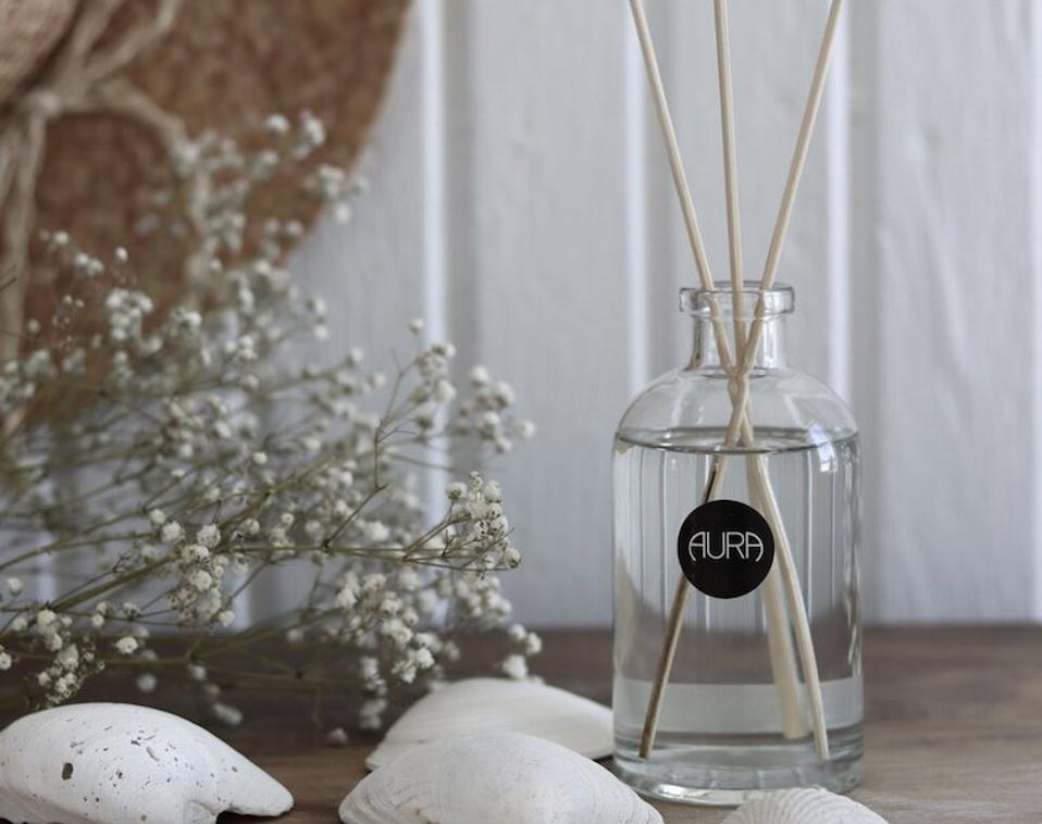 Aura reed diffuser and seashells, dried flowers against a wood background