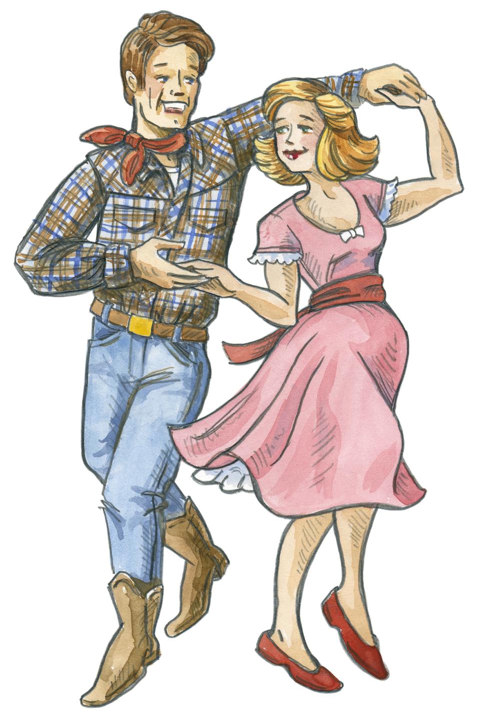 Retro-Style Illustration of Man and Woman Square Dancing
