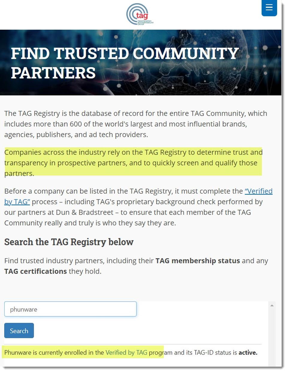 TAG registry shows Phunware as ″verified″