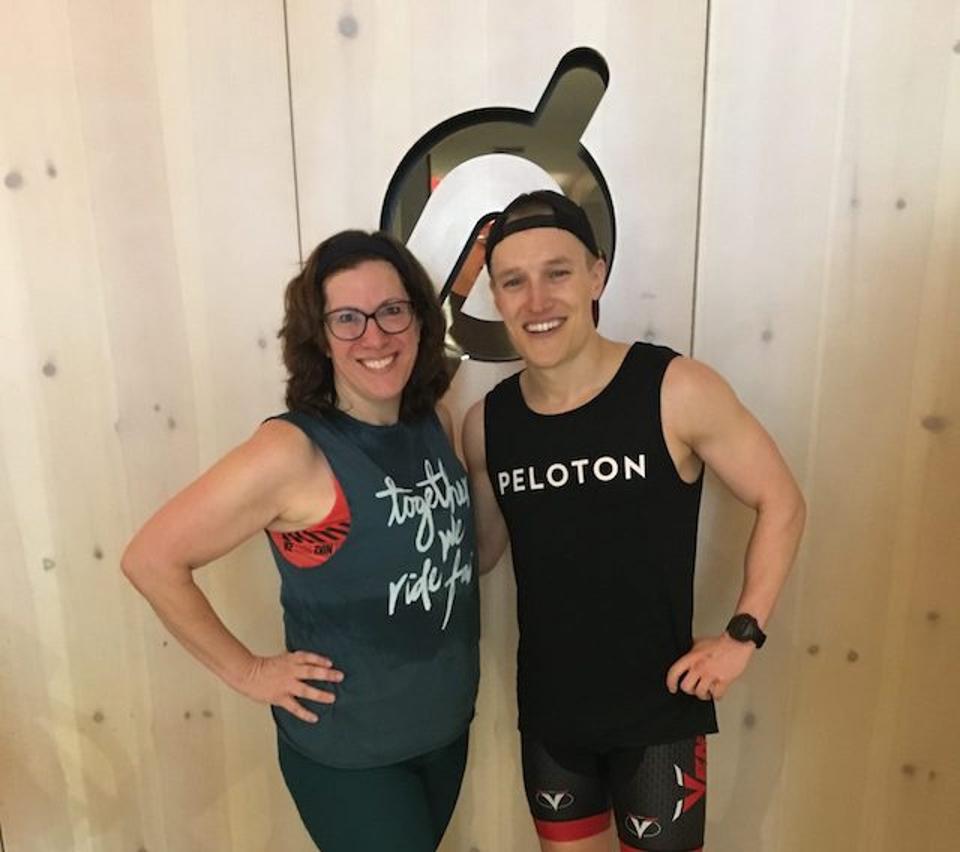 Leah Ingram and Peloton Instructor Matt Wilpers at Peloton Studios in New York