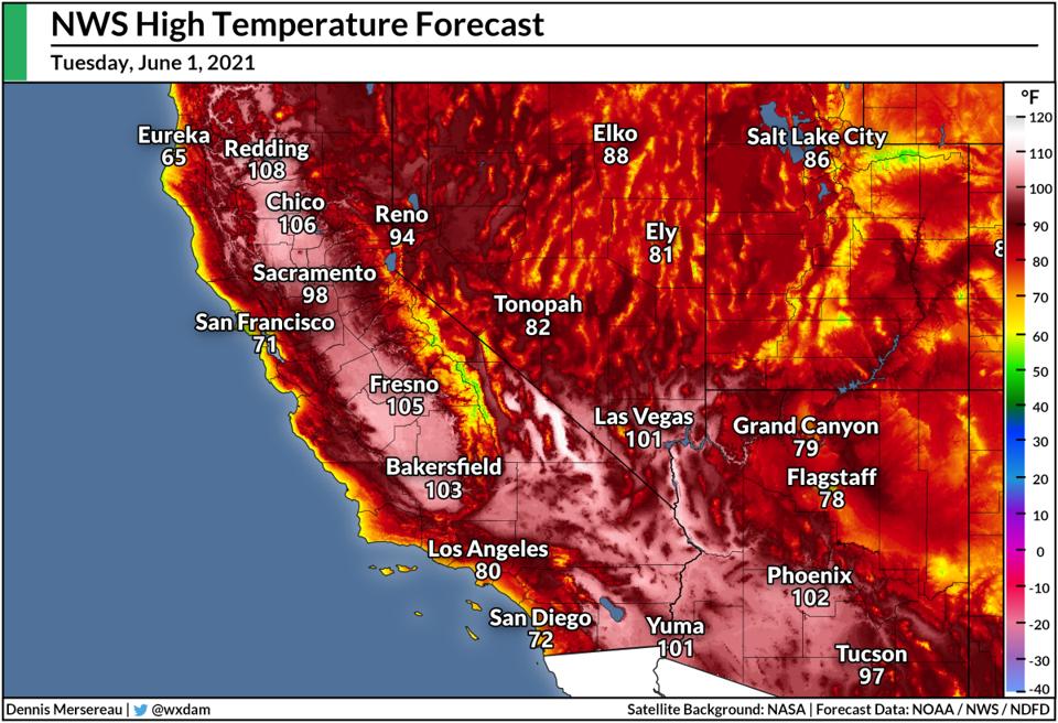 A map of the National Weather Service's high temperature forecasts for June 1, 2021.