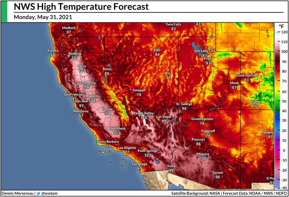 A map of the National Weather Service's high temperature forecast for May 31, 2021.