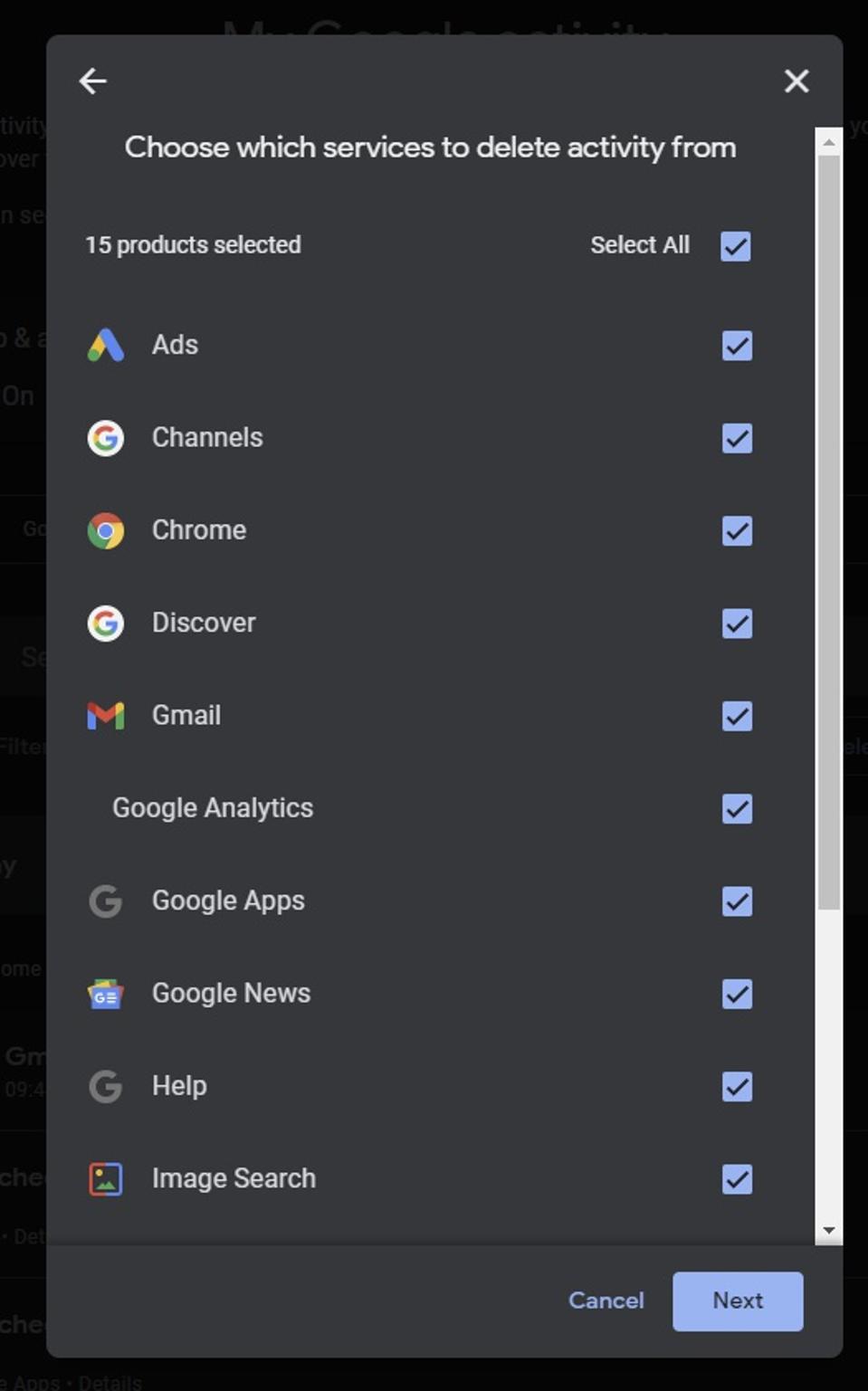 Or delete activity from specific Google services