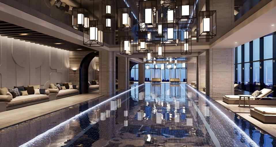 A beautifully outfitted indoor pool at the Josun Palace hotel overlooks the Gangnam skyline.