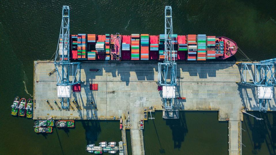 Aerial view container cargo ship park shipping dock with crane .