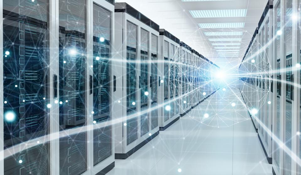 Server room center exchanging cyber datas and connections 3D rendering