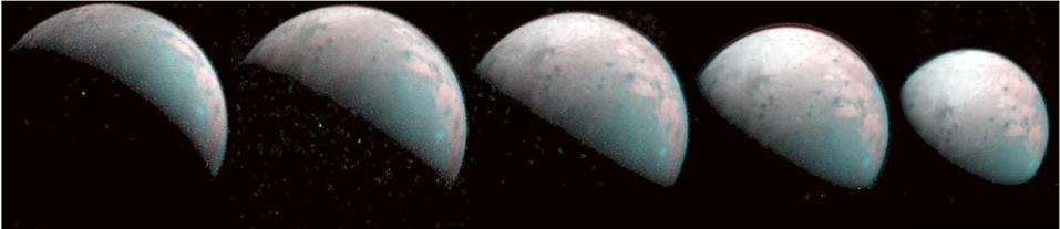The north pole of Jupiter's giant moon Ganymede can be seen in this composite image of infrared data from the Jovian Infrared Auroral Mapper (JIRAM) instrument aboard NASA's Juno spacecraft. Five infrared images were taken every 20 minutes, beginning at time of closest approach (far left) on Dec. 26, 2019, when Juno was about 62,000 miles (100,000 kilometers) distant. The infrared imagery provides the first infrared mapping of the massive moon's northern frontier.