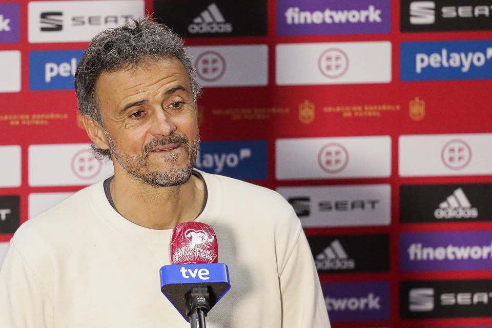Luis Enrique is interviewed by the press during the European Championship qualifiers.