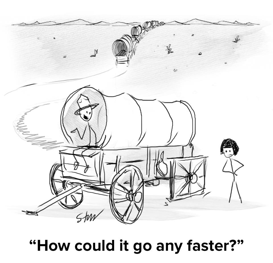 A stagecoach with a square wheel and the driver is saying to an observer ″How could it go any faster?″