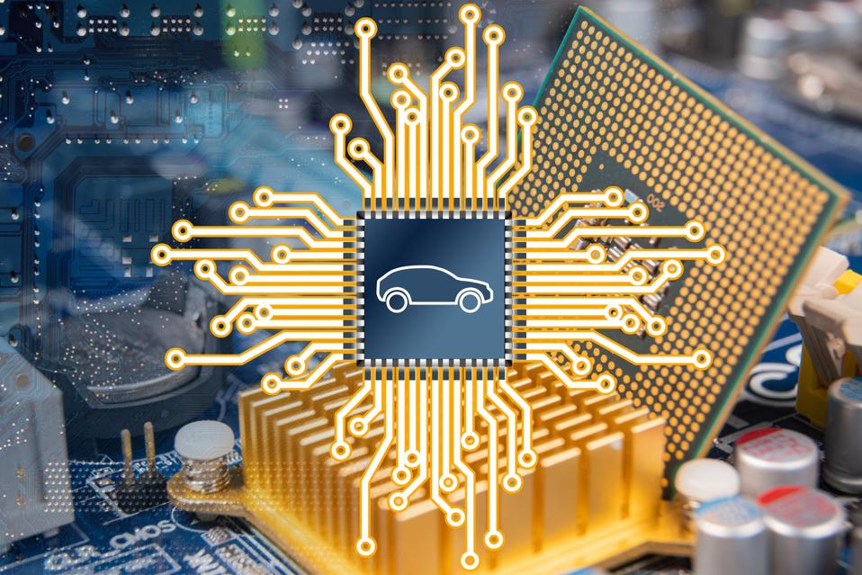 An illustration representing a computer circuit board and a car chip.