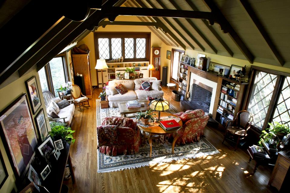 The living room features cathedral ceilings in the home owned by Larry and Donna Mason who have liv