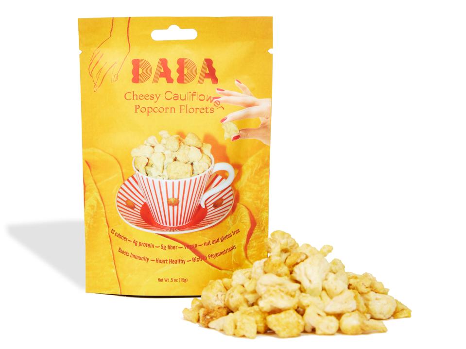 A bag of DADA Daily Cheesy Cauliflower Popcorn Florets.