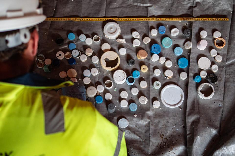 Plastic catch categorized into bottle caps onboard the vessel during the System 001/B campaign