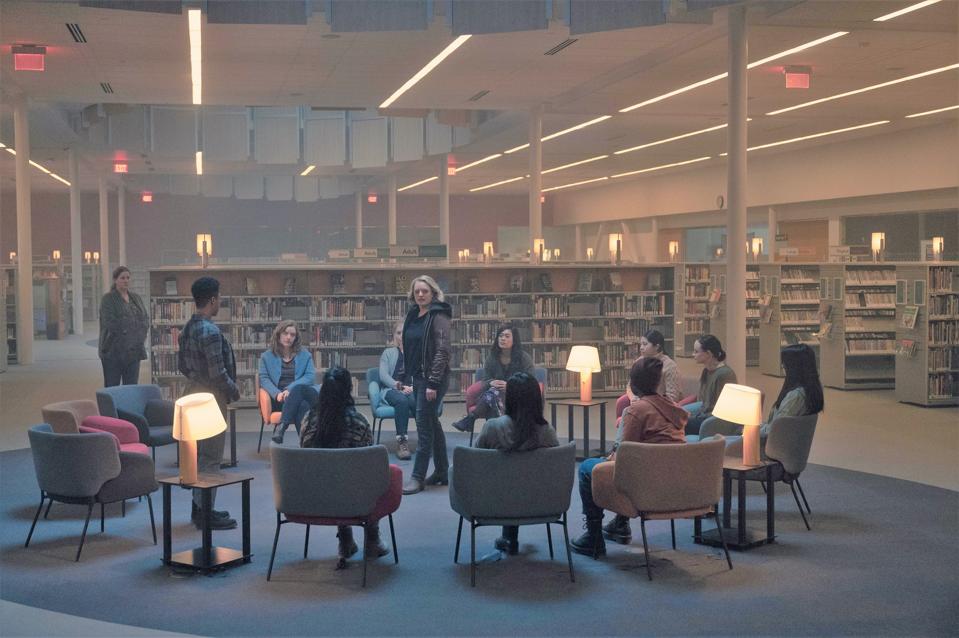 June and other escaped Handmaidens in their support group in The Handmaid's Tale