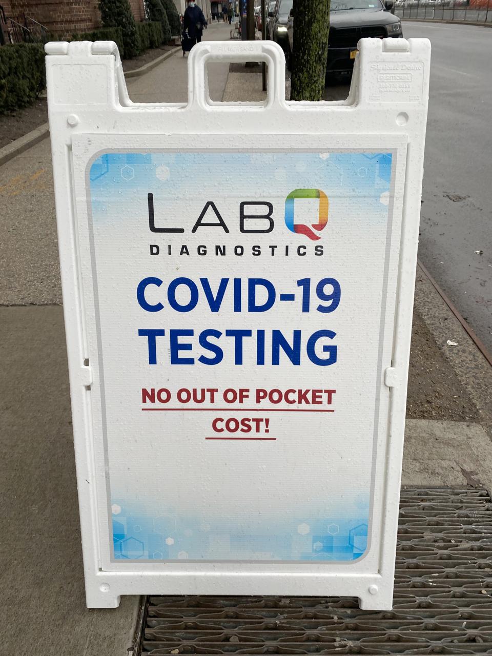 Lab Q Diagnostics, Covid-19 Testing, no out of pocket cost, sandwichboard sign, Queens, New York, pandemic, health and medicine, medical testing, Covid 19, sidewalk, promotion, advertising, information