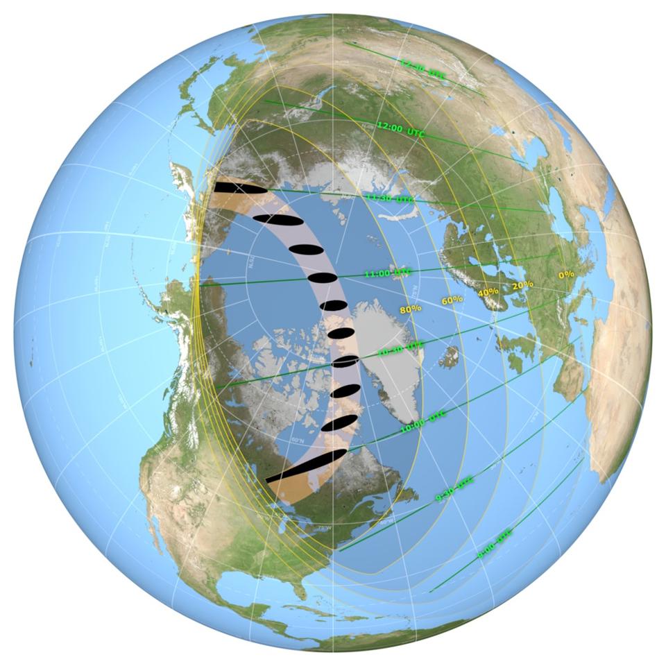 Mappa globale del percorso delle ombre dell'eclissi solare anulare del 10 giugno 2021. Gli orari sono in UTC. 