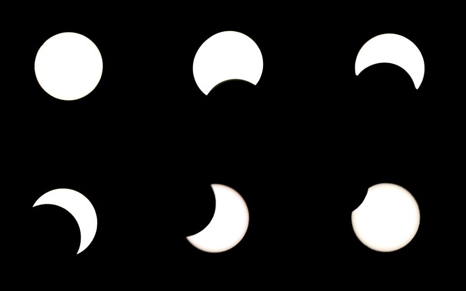 The partial solar eclipse in Europe will look something like this sequence, and will last almost two hours.