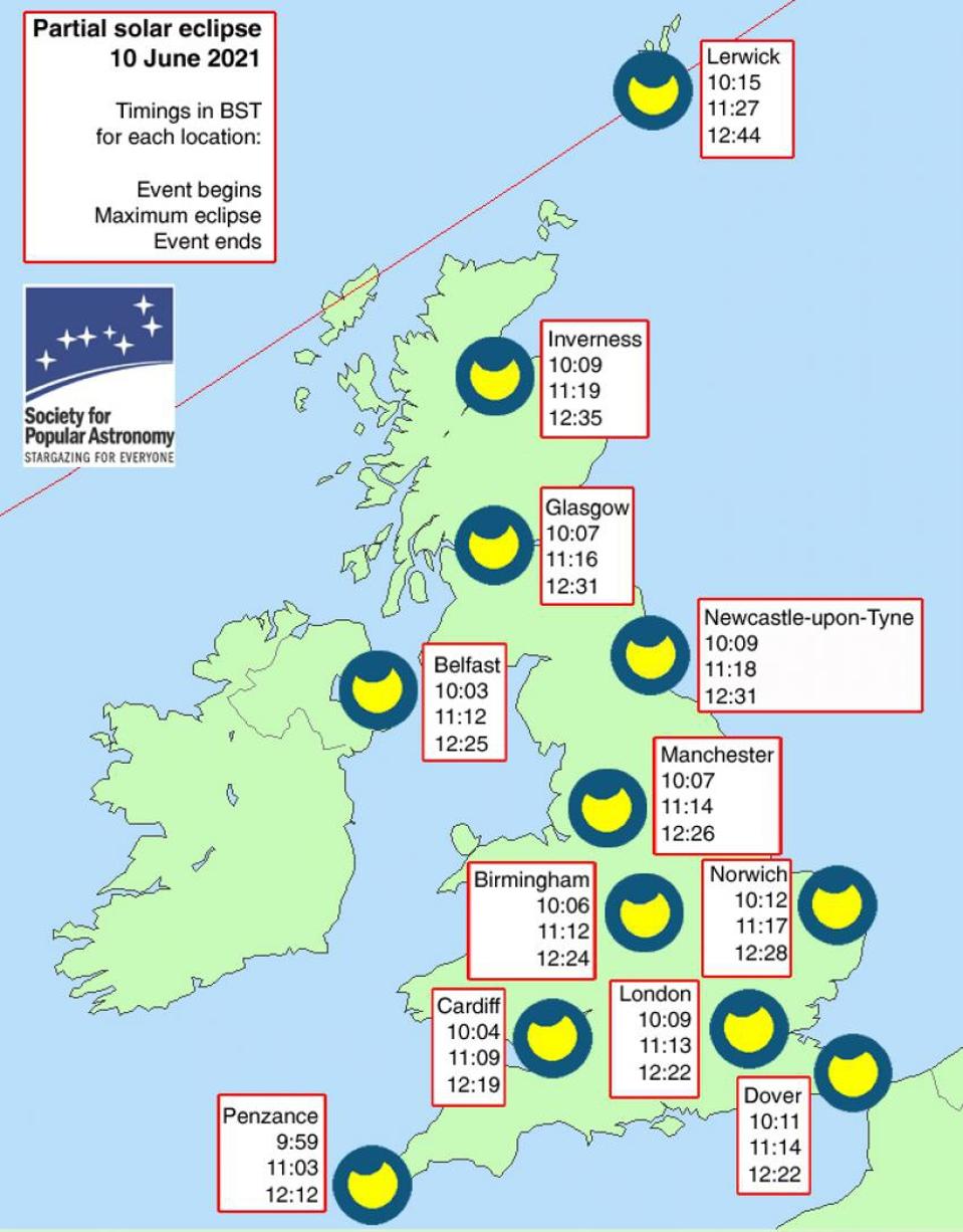 Map showing how the eclipse will appear at different locations across the UK.