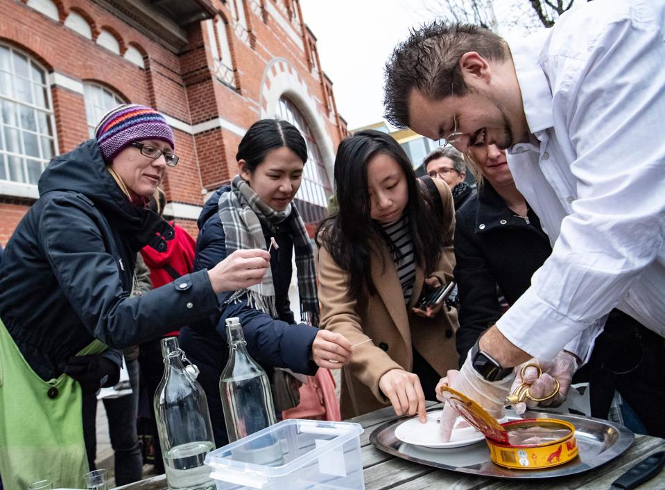 Surströmming being served at the Disgusting Food Museum in Malmö, Sweden.
