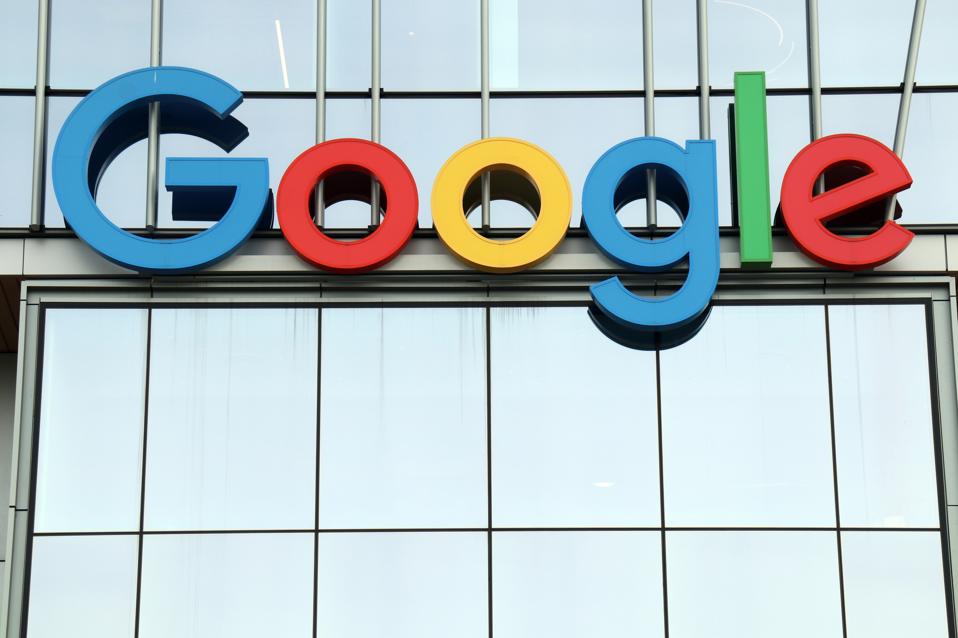 The Google logo seen at the entrance to Google Cloud campus...