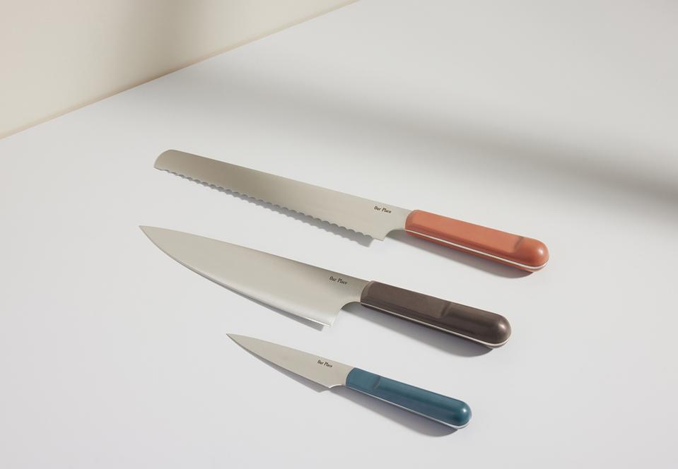 Our Place knife trio in pink, smoke, and teal