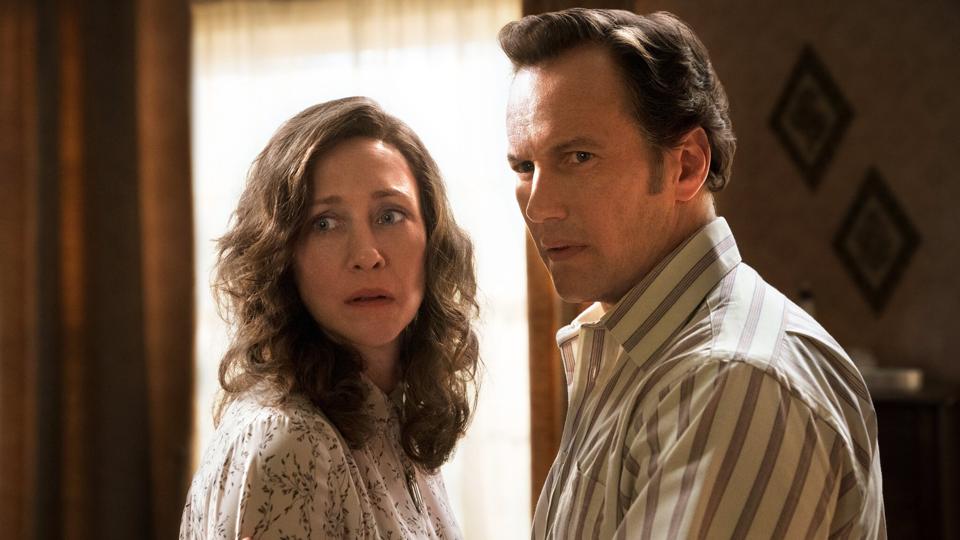 Ed and Lorraine Warren look in horror in The Conjuring: The Devil Made Me Do It