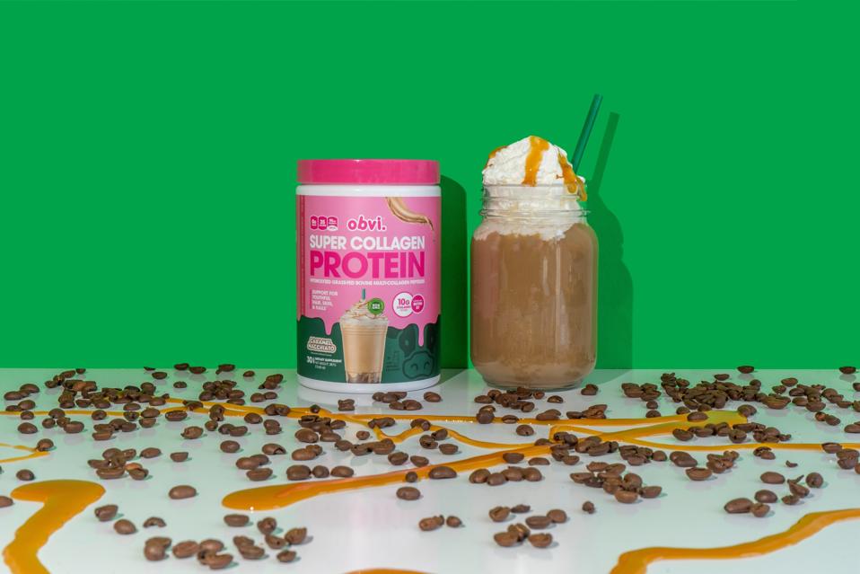 Obvi's new Caramel Macchiato Super Collagen Protein next to a milkshake. 