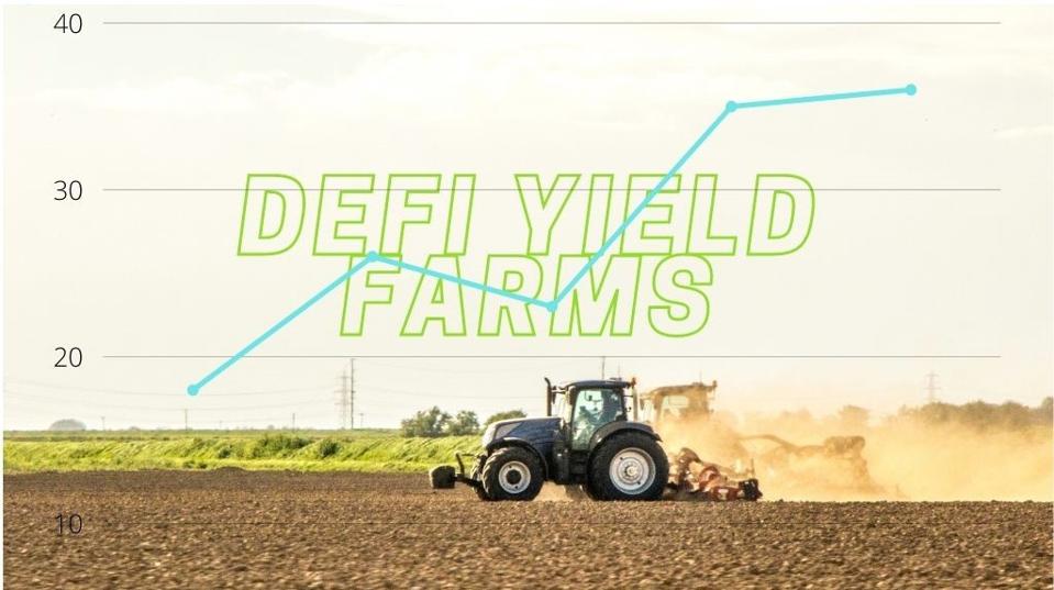 A tractor plows dry land with the words DeFi Yield Farms in the background and a chart.