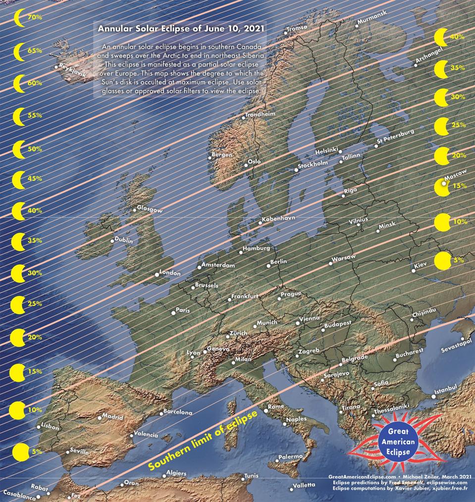 Deze kaart van GreatAmericanEclipse.com toont een verduistering van de eclips voor Europa - het noordwesten ziet de grootste uitstulping. 