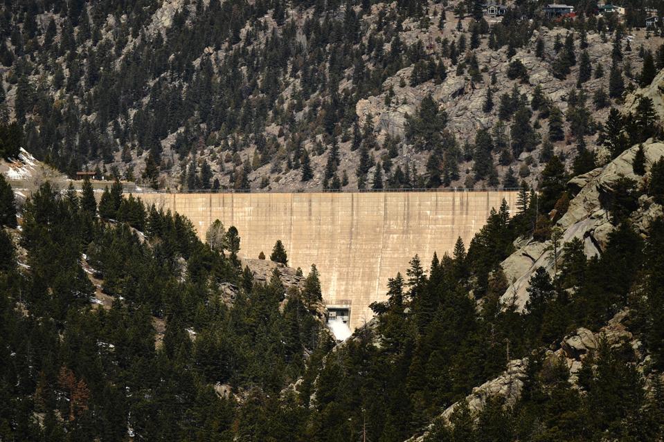 Gross Dam in Boulder, Colorado. The Denver Water owned Gross Reservoir has a surface area of 440 acres. A stop on the Rocky Mountaineer