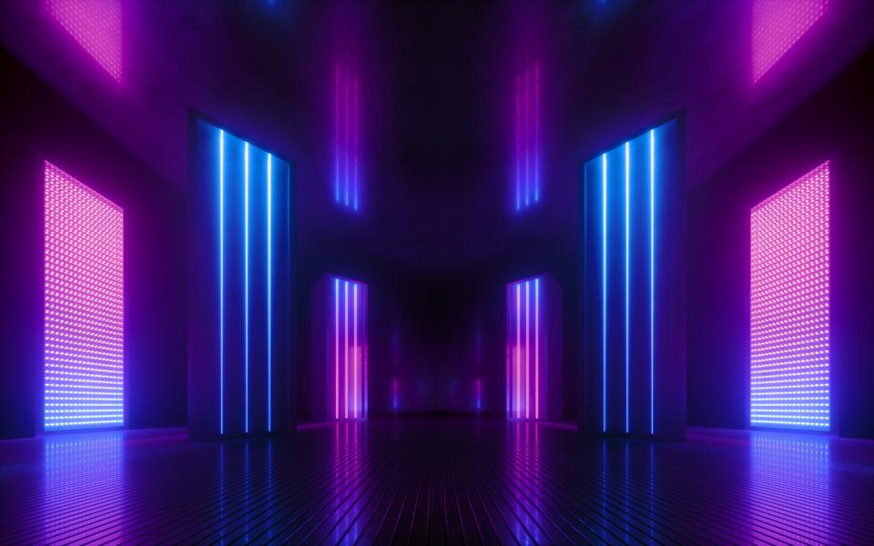 3d render, blue pink violet neon abstract background, ultraviolet light, night club empty room interior, tunnel or corridor, glowing panels, fashion podium, performance stage decorations,