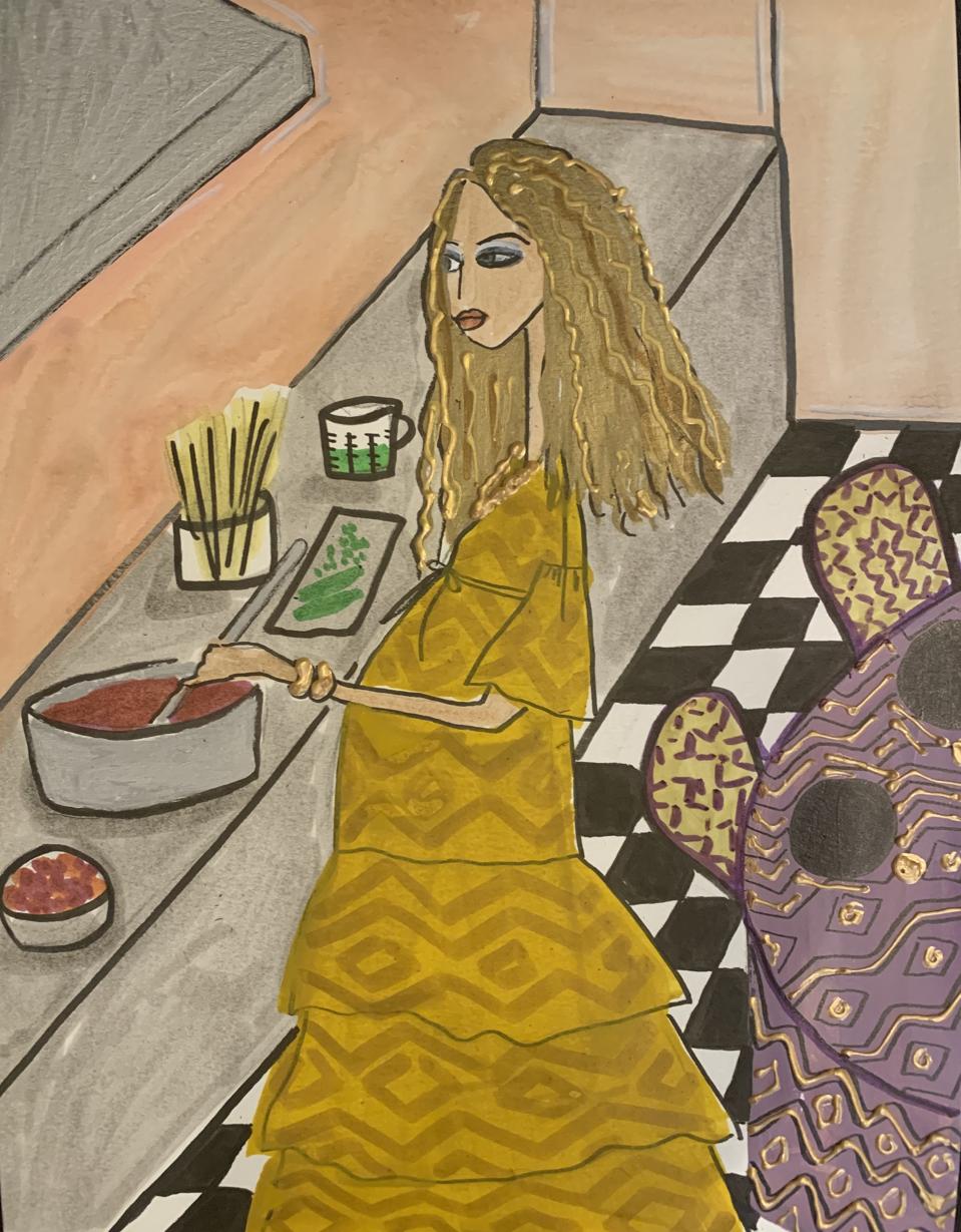 Portrait of Alissar Taremi cooking while 5 months pregnant during lockdown in New York City