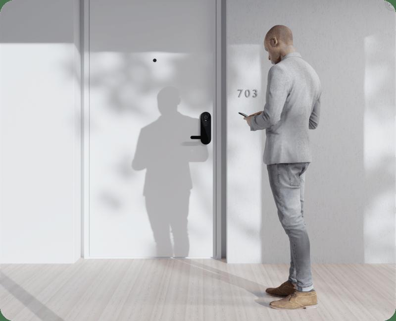 Man opens door with a smart lock.
