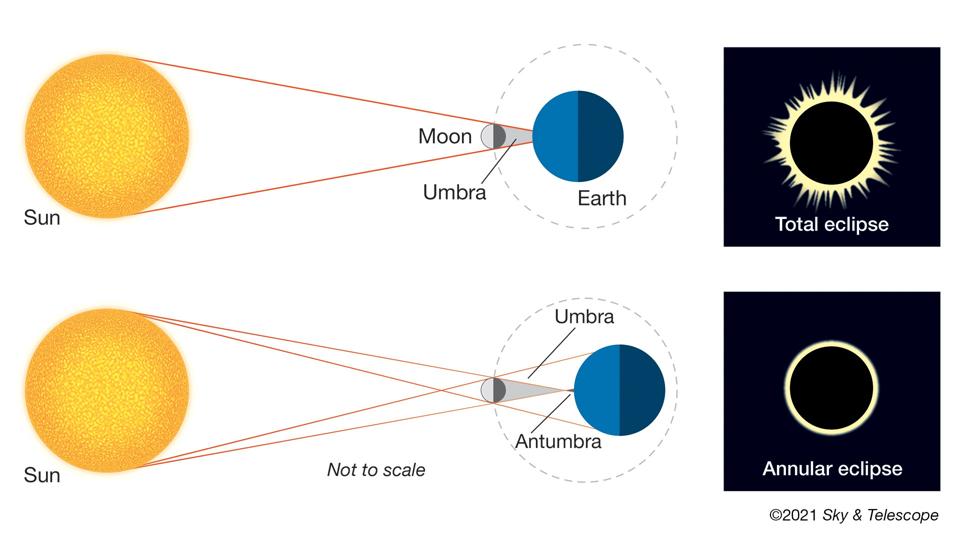 Geometria dell'eclissi Quando la luna nuova è esattamente alla giusta distanza nella sua orbita per cancellare completamente il sole, sperimentiamo un'eclissi solare totale in tutto il suo splendore (e solo allora possiamo guardare direttamente il sole senza protezione).  Ma quando la luna nuova è un po' più lontana dalla Terra nella sua orbita, non copre completamente il disco solare.  In questi casi, possiamo godere della vista di un anello luminoso di luce solare che circonda la sagoma della luna - ma bisogna fare attenzione ad osservarlo solo attraverso un filtro solare sicuro. 