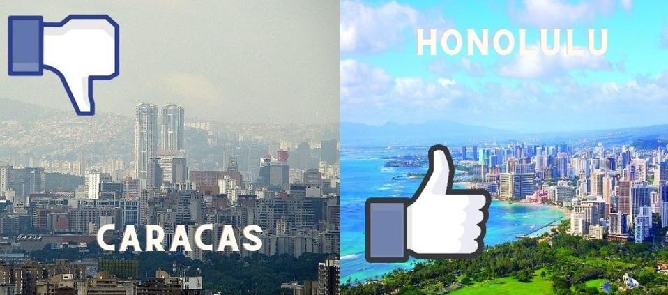 Side by side images of Caracas and Honolulu. Caracas has a thumbs down icon over it.