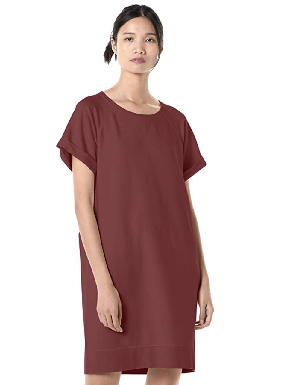 30 Early Prime Day Deals On Women’s Fashion -Goodthreads Women's Relaxed Fit Modal Fleece Short Roll Sleeve Sweatshirt Dress