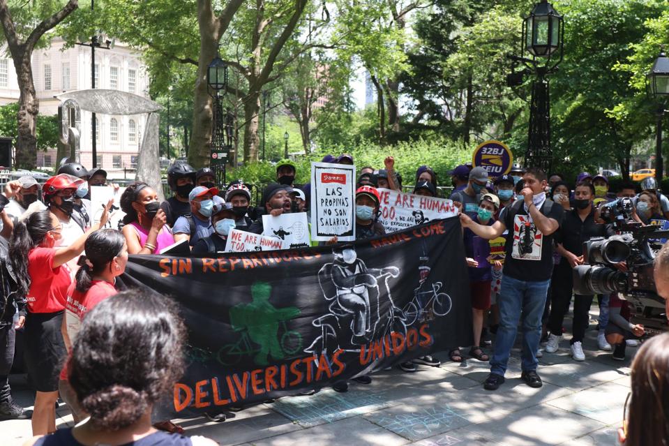Los Deliveristas Unidos rally at City Hall on June 8th, 2021.