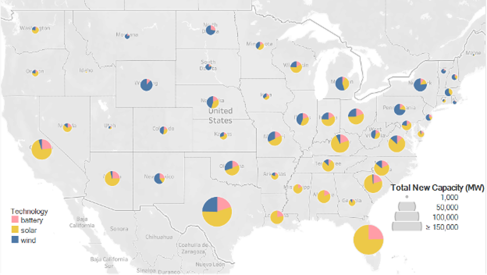 Map of U.S. with larger circles on states like Texas, California, and Florida where there would be large investments in renewables.