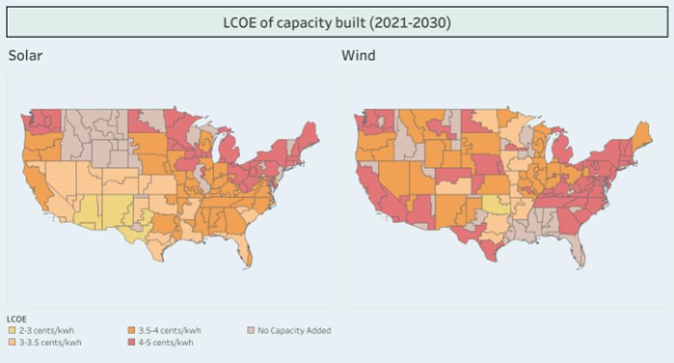 Biden’s 80% By 2030 Clean Electricity Standard Would Unlock $1.5 Trillion Across The U.S. Map of U.S. showing where wind and solar are cheapest with solar cheapest in South and wind cheapest in Midwest.