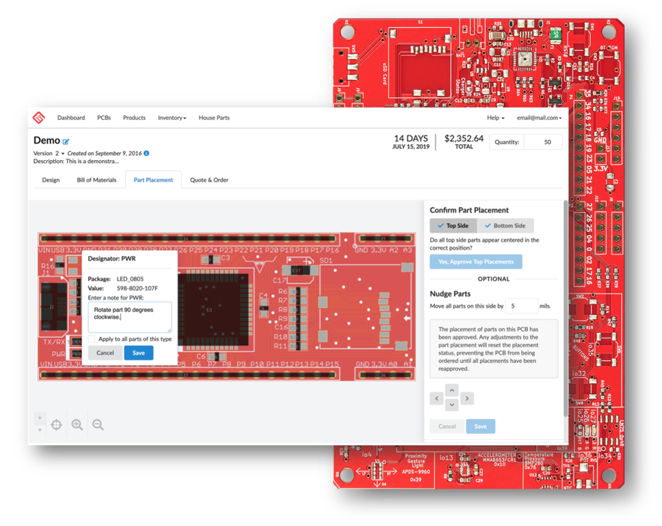 Driving The Cloud-Based Transformation Of Electronics Manufacturing Example of circuit board part placement on the MacroFab platform