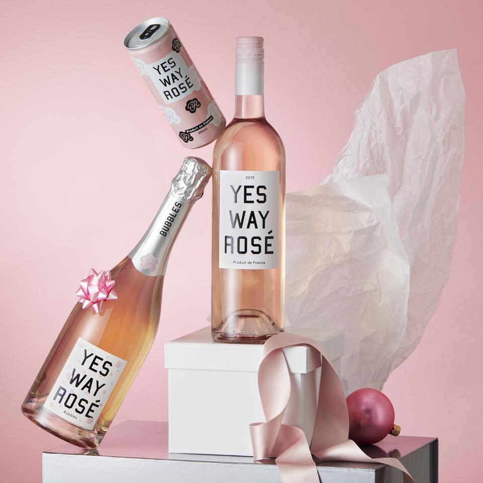 Photos of Yes Way Rosé wine bottles and cans