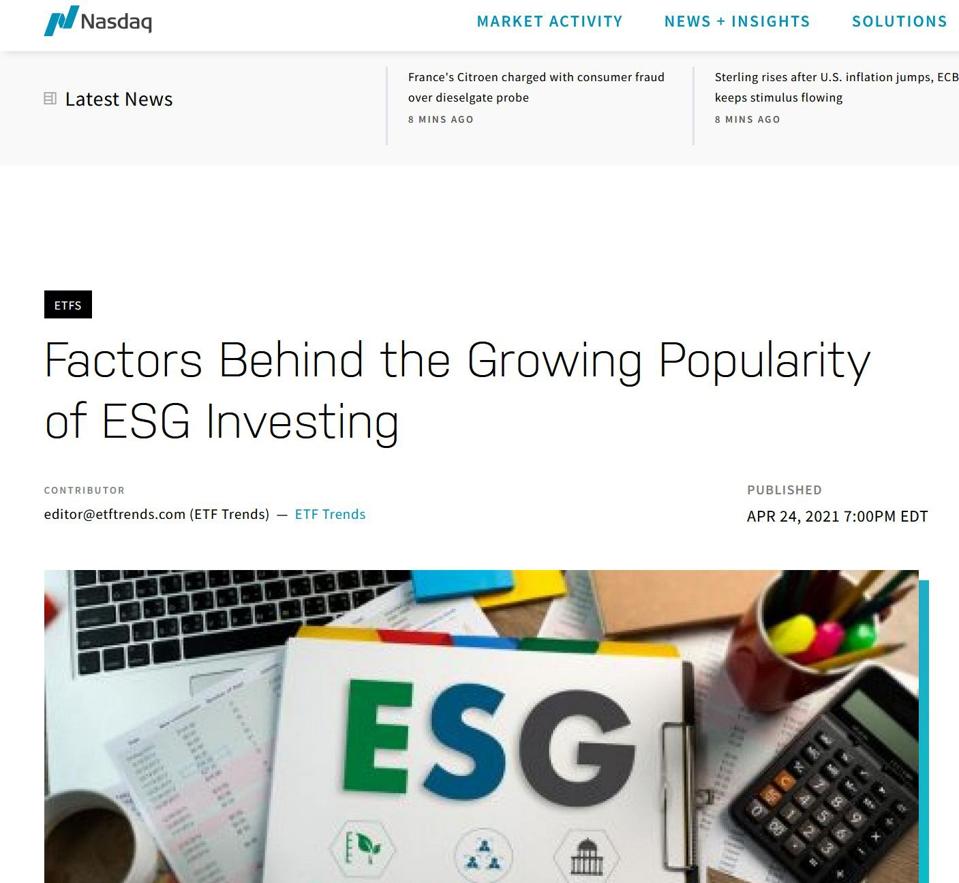 Screen shot from Nasdaq.com on ESG popularity